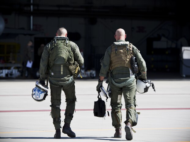 U.S. Marine Corps Col. David A. Suggs, the commanding officer of Marine Corps Air Station Yuma, Ariz., was invited to fly in one of two EA-6B Prowler aircraft attached to Marine Tactical Electronic Warfare Squadron (VMAQ) 2, Oct. 16, 2017. This is the first time Col. Suggs has flown the Prowler after Many Years. (U.S. Marine Corps photo by Cpl. Ernest D. Grant)