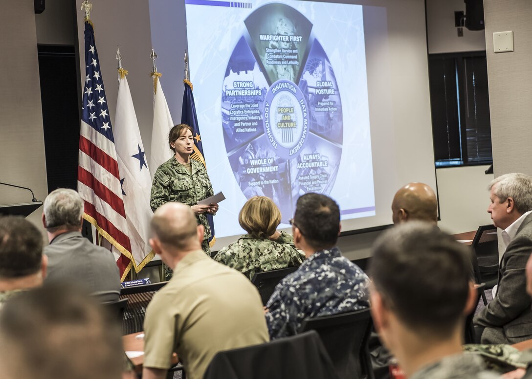 U.S. Navy Rear Adm. Michelle Skubic presented the DLA director’s strategic plan during the Dec. 1 JFOS at DSCC.