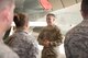 Chief Master Sgt. Joseph Montgomery, U.S. Air Forces Central Command chief, speaks with Airmen during his visit to the 380th Air Expeditionary Group at Al Dhafra Air Base, United Arab Emirates, Nov. 27, 2017. Chief Montgomery spoke about several topics including the Blended Retirement System and made sure Airmen were prepared for the holidays. (U.S. Air National Guard photo by Staff Sgt. Colton Elliott)