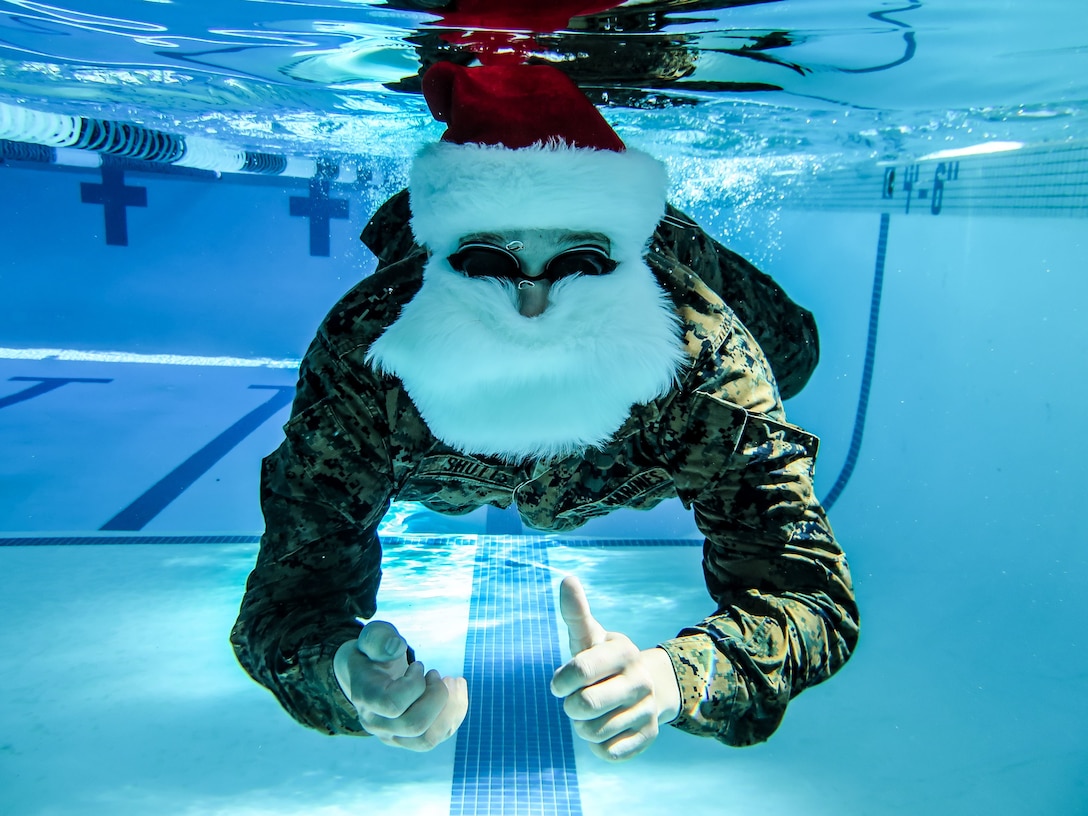 The Honorable Mr. Santa Claus, Commanding Officer of Holiday Cheer, NORTHPOLECOM, conducts basic swim qualification at Camp Pendleton, Calif., Dec. 19, 2017. Basic water survival is a training requirement for Claus and all operational reindeer to pass every two years to maintain their water survival skills. The purposes of this training was to ensure the NORTHPOLECOM Logistics team was prepared for their upcoming night operations on Christmas Eve.