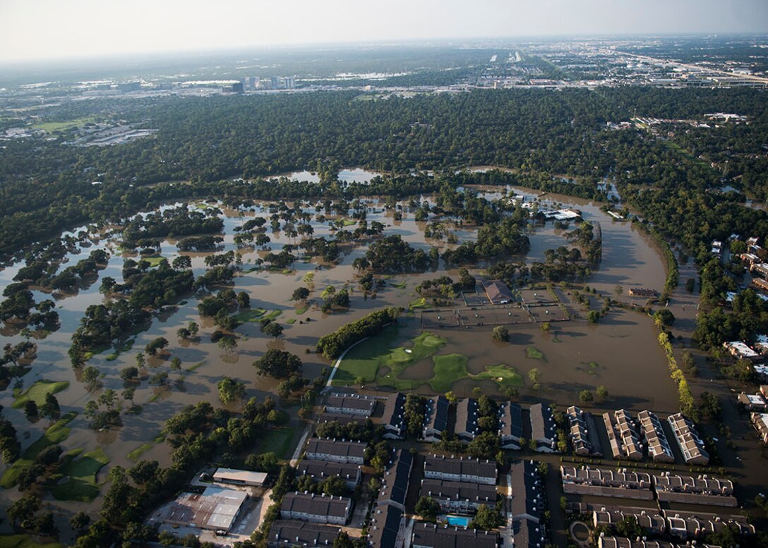 An aerial view of the flooding caused by Hurricane Harvey in Houston, Texas, Aug. 31, 2017. Hurricane Harvey formed in the Gulf of Mexico and made landfall in southeastern Texas, bringing record flooding and destruction to the region.