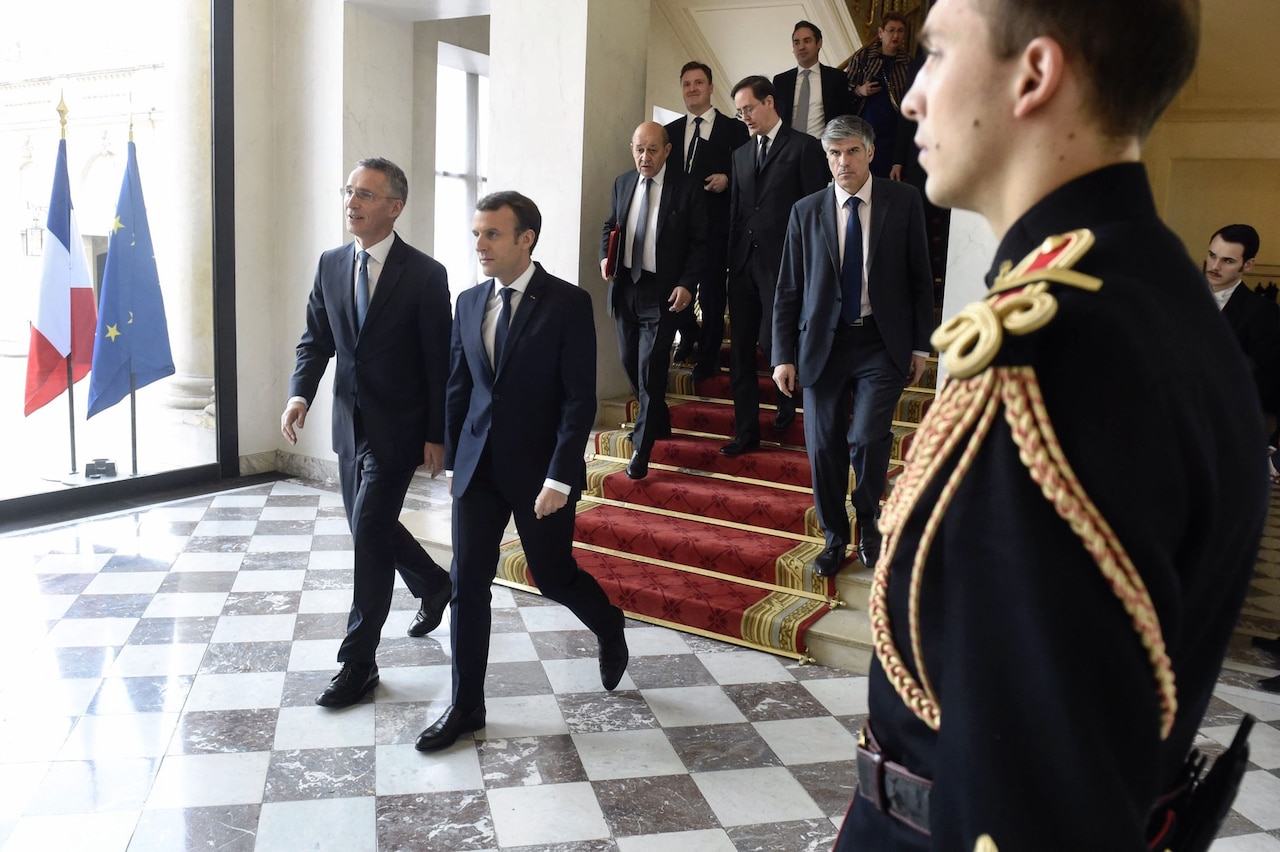 NATO Secretary General Jens Stoltenberg meets with French President Emmanuel Macron in Paris.