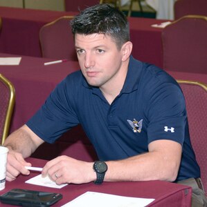 Petty Officer 1st Class Nichols Steelman, a warrior challenge scout assigned to Navy Recruiting District San Antonio, attends an operational stress control class conducted by the Navy’s 21st Century Sailor office during a district training meeting held at the Crowne Plaza Hotel in Austin Dec. 19. More than 250 recruiters, support personnel and their spouses attended the training where facilitators of the 21st Century Sailor office provided attendees with support networks, programs, resources, training, and skills needed to overcome adversity and thrive.