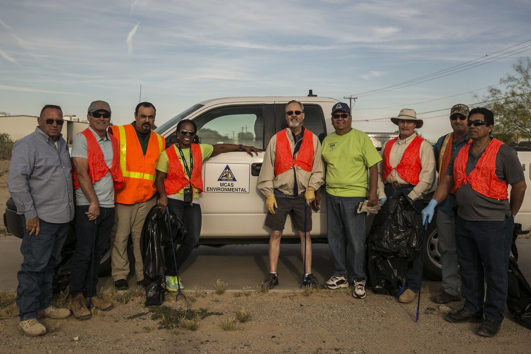 Volunteers from the Marine Corps Air Station Yuma Environmental Department participated in the roadside cleanup of Palo Verde Street, Monday, April 17, 2017 as a part of their Earth Week events. MCAS Yuma adopted this street over 17 years ago, and has helped keep it clean it each year. (U.S. Marine Corps photo taken by Lance Cpl. Isaac D. Martinez/Released)