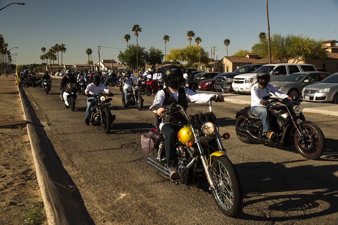 Service members, veterans, retirees and local law enforcement personnel participate in the 5th Annual Sexual Assault Awareness and Response Motorcycle Ride at Marine Corps Air Station Yuma, Ariz., Thursday, April 6, 2017. The motorcycle ride promotes Sexual Assault Awareness Month, raises awareness of the Sexual Assault Prevention and Response (SAPR) Program, and its resources available at MCAS Yuma. The event also supports Amberly’s Place, an organization that provides services to victims and their families. (U.S. Marine Corps photo taken by Lance Cpl. Christian Cachola)