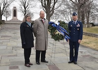 Amanda and Stephen Wright, the great-grandniece and grandnephew of aviation pioneers Wilbur and Orville Wright join Col. Bradley McDonald, 88th Air Base Wing commander, in laying a wreath at the Wright Brothers Memorial, Wright-Patterson Air Force Base, Ohio, December 15, 2017.  The ceremony commemorates the world’s first successful heavier-than-air powered flight by the Wright Brothers 114 years ago. (U.S. Air Force Photo/Al Bright)