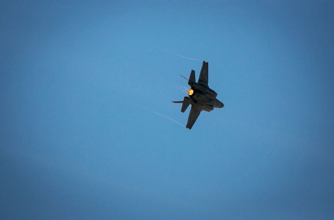 An F-35B Lightning II with Marine Fighter Attack Squadron 211 (VMFA-211) demonstrates its capabilities during  the 2017 Yuma Airshow at Marine Corps Air Station Yuma, Ariz., Saturday, March 18, 2017. (U.S. Marine Corps photo taken by Sgt. Travis Gershaneck)