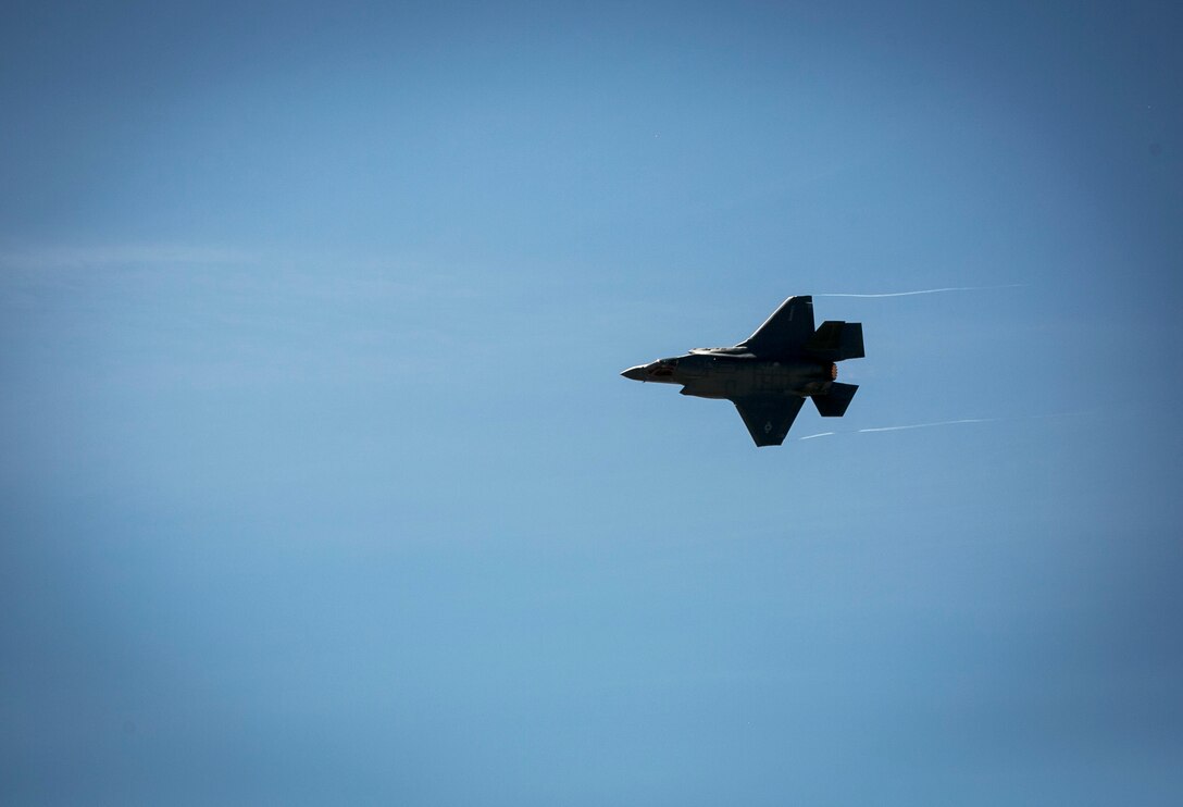 An F-35B Lightning II with Marine Fighter Attack Squadron 211 (VMFA-211) demonstrates its capabilities during  the 2017 Yuma Airshow at Marine Corps Air Station Yuma, Ariz., Saturday, March 18, 2017. (U.S. Marine Corps photo taken by Sgt. Travis Gershaneck)
