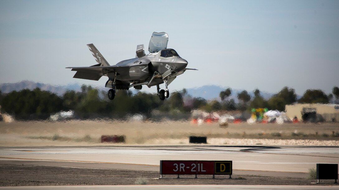 An F-35B Lightning II with Marine Fighter Attack Squadron 211 (VMFA-211) demonstrates its capabilities during  the 2017 Yuma Airshow at Marine Corps Air Station Yuma, Ariz., Saturday, March 18, 2017. (U.S. Marine Corps photo taken by Sgt. Travis Gershaneck)