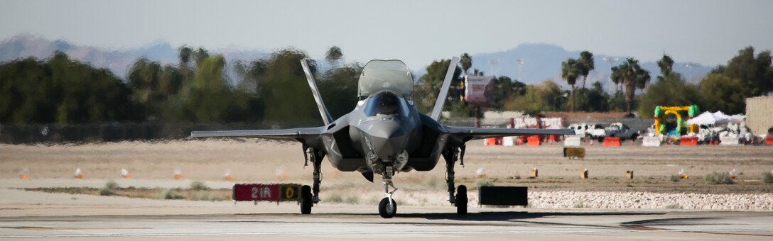 An F-35B Lightning II with Marine Fighter Attack Squadron 211 (VMFA-211) demonstrates its capabilities during  the 2017 Yuma Airshow at Marine Corps Air Station Yuma, Ariz., Saturday, March 18, 2017. (U.S. Marine Corps photo taken by Sgt. Travis Gershaneck)
