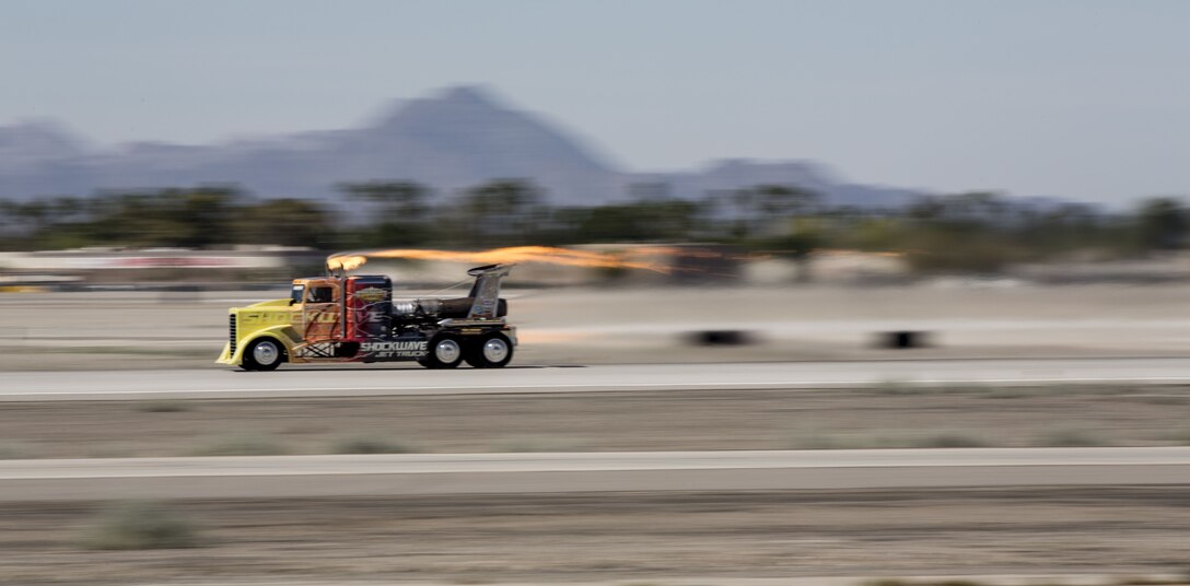 The Shockwave Jet Truck makes a high speed pass during the 2017 Yuma Airshow at Marine Corps Air Station Yuma, Ariz., Saturday, March 18, 2017. (U.S. Marine Corps photo taken by Sgt. Summer Romero)