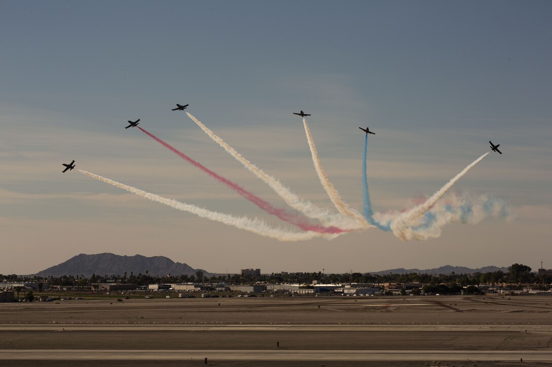 The Patriots Jet Team performs aerial acrobatics during the 2017 Yuma Airshow at Marine Corps Air Station Yuma, Ariz., Saturday, March 18, 2017. (U.S. Marine Corps photo taken by Lance Cpl. Christian Cachola)