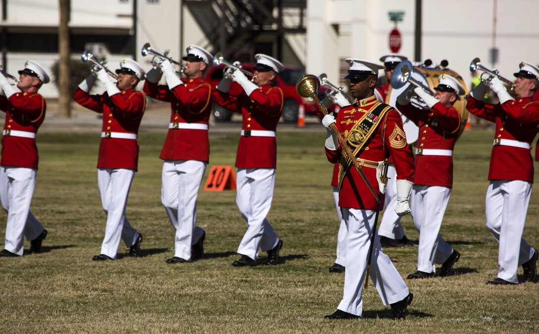 The U.S. Marine Corps Silent Drill Platoon, Marine Barracks Washington, D.C., perform during the Battle Color Ceremony at Marine Corps Air Station Yuma, Ariz., March 2, 2017. The ceremony was held to celebrate Marine Corps history using music, marching and precision drill. (U.S. Marine Corps photo by Lance Cpl. Christian Cachola/Released)
