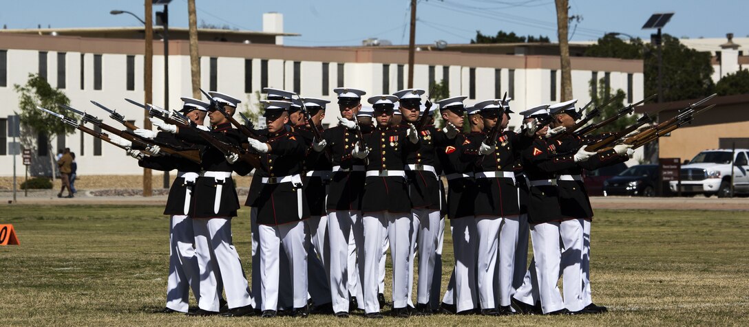 The U.S. Marine Corps Silent Drill Platoon, Marine Barracks Washington, D.C., perform during the Battle Color Ceremony at Marine Corps Air Station Yuma, Ariz., March 2, 2017. The ceremony was held to celebrate Marine Corps history using music, marching and precision drill. (U.S. Marine Corps photo by Lance Cpl. Christian Cachola/Released)