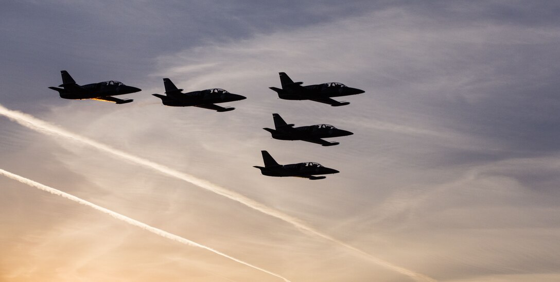 L-39 Albatros aircraft attached to the Patriots Jet Team perform aerial acrobatics during the 2017 Twilight Show at Marine Corps Air Station Yuma, Ariz., Friday, March 17, 2017. (U.S. Marine Corps photo taken by Lance Cpl. Christian Cachola)