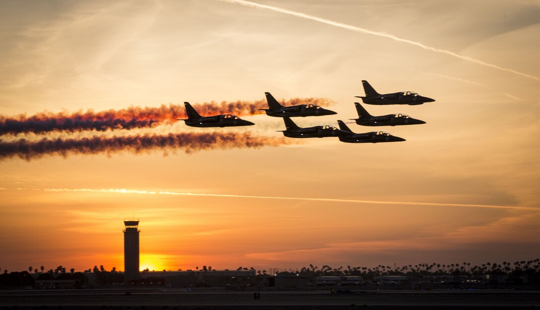 The Patriots Jet Team performs aerial acrobatics during the 2017 Twilight Show at Marine Corps Air Station Yuma, Ariz., Friday, March 17, 2017. (U.S. Marine Corps photo taken by Lance Cpl. Christian Cachola)