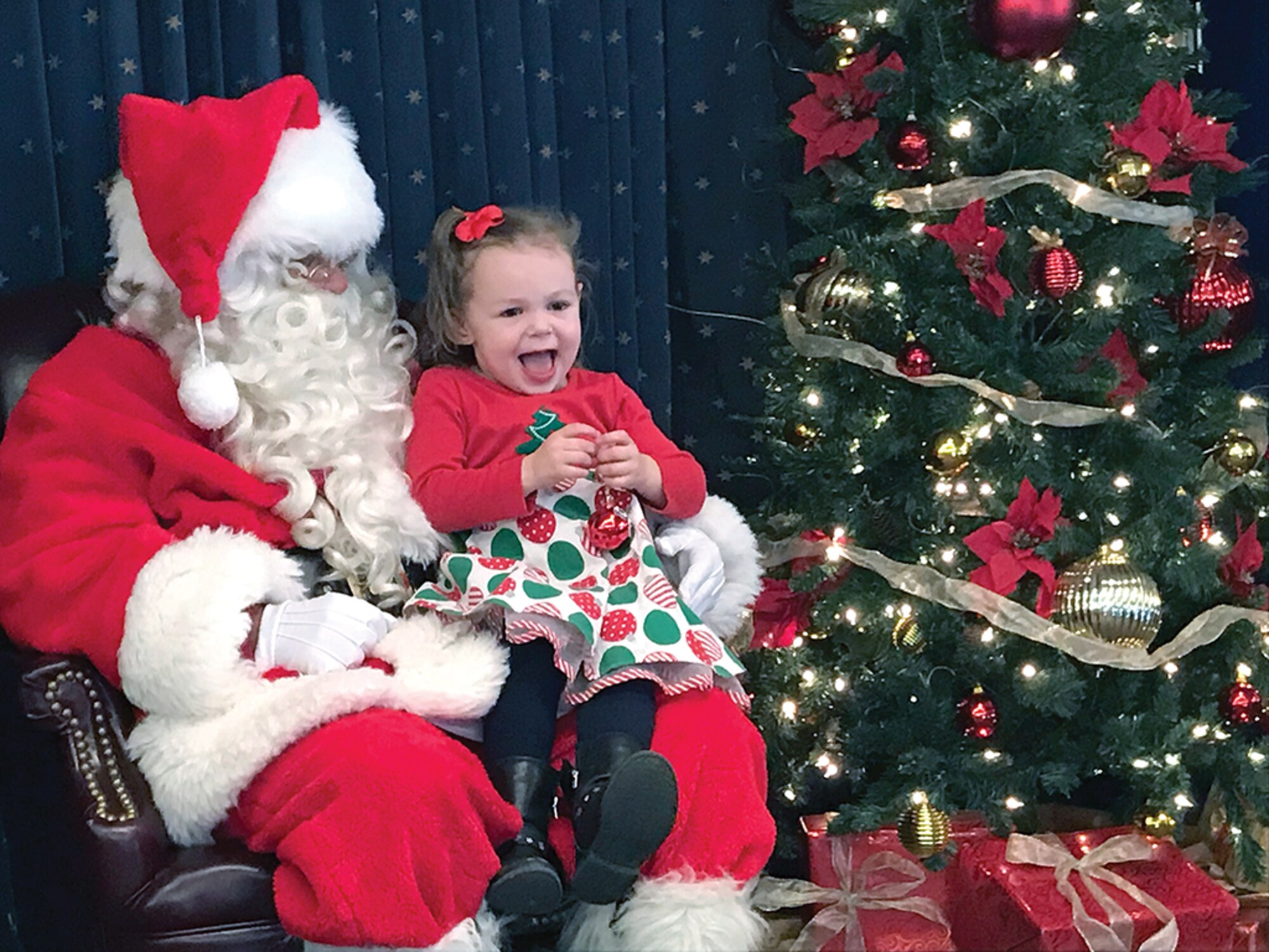 Three-year-old Ruby Mills greets Santa during Saturday morning’s Hearts Apart Kids’ Holiday Party held at the Mountain View Club. More than 100 people attended this year’s event, including Col. Richard W. Gibbs, 377th Air Base Wing commander.