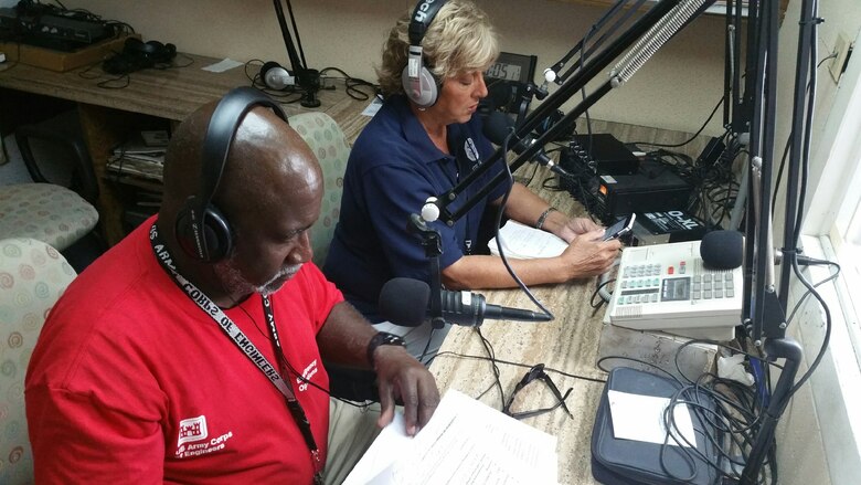 Brooks Hubbard, a Public Affairs Specialist with U.S. Army Corps of Engineers South Pacific Division provides information over radio airwaves to residents in the Houston, Texas area as part of the communications mission after Hurricane Harvey devastated the area.