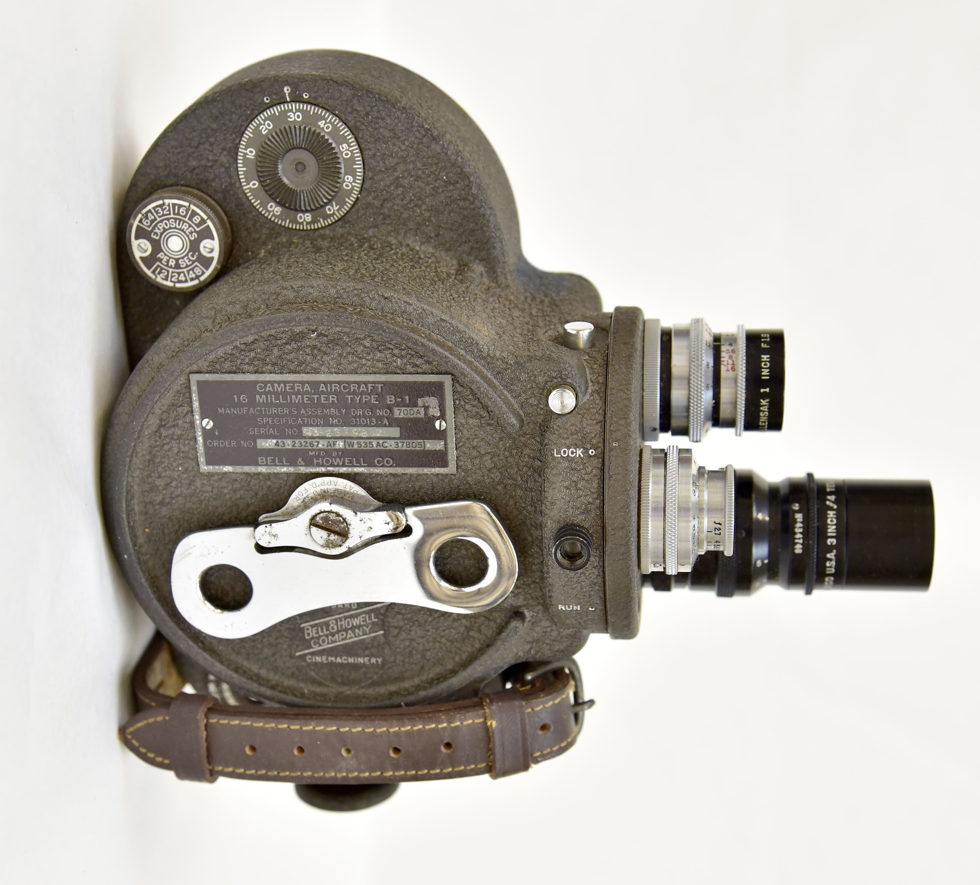 Plans call for this artifact to be displayed near the B-17F Memphis Belle™ as part of the new strategic bombardment exhibit in the WWII Gallery, which opens to the public on May 17, 2018.
Handheld 16mm movie camera used during the “shuttle bombing” raids, when USAAF heavy bombers flew from bases in the western Soviet Union.
