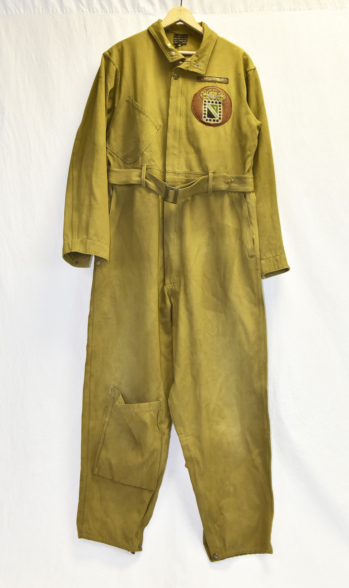 Plans call for this artifact to be displayed near the B-17F Memphis Belle™ as part of the new strategic bombardment exhibit in the WWII Gallery, which opens to the public on May 17, 2018.
Flying suit worn by Col Leon Johnson, 44th Bomb Group commander and Medal of Honor recipient, on the August 1, 1943 Ploesti raid.