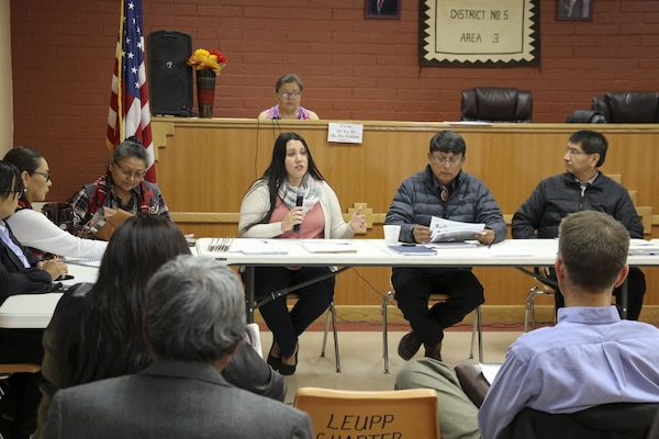 U.S. Army Corps of Engineers Los Angeles District Tribal Liaison Quana Higgins (speaking) briefs current partnering initiatives between the Navajo Nation and the Corps, and explained the importance of the partnership started under the watershed study. The Tribal Partnership Program authorizes the Corps, in cooperation with tribes and other federal agencies, to complete watershed assessments or determine the feasibility of projects that will substantially benefit Indian tribes.