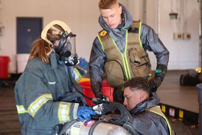 During the week-long training the platoons refined their skills in setup and breakdown of decontamination sites, decontamination of role players, and identification and detection of known agents in several scenarios including mass casaulty, radiation scenario and a subway scenario.  (Official USMC Photos by Staff Sgt. Santiago G. Colon Jr.)