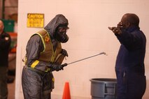 During the week-long training the platoons refined their skills in setup and breakdown of decontamination sites, decontamination of role players, and identification and detection of known agents in several scenarios including mass casaulty, radiation scenario and a subway scenario.  (Official USMC Photos by Staff Sgt. Santiago G. Colon Jr.)