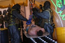 During the week-long training the platoons refined their skills in setup and breakdown of decontamination sites, decontamination of role players, and identification and detection of known agents in several scenarios including mass casaulty, radiation scenario and a subway scenario.  (Official USMC Photos by Staff Sgt. Santiago G. Colon Jr.)