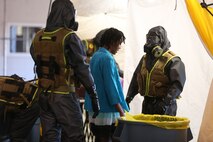During the week-long training the platoons refined their skills in setup and breakdown of decontamination sites, decontamination of role players, and identification and detection of known agents in several scenarios including mass casaulty, radiation scenario and a subway scenario.  (Official USMC Photos by Staff Sgt. Santiago G. Colon Jr.)