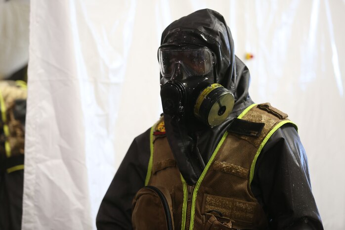 During the week-long training the platoons refined their skills in setup and breakdown of decontamination sites, decontamination of role players, and identification and detection of known agents in several scenarios including mass casaulty, radiation scenario and a subway scenario.  (Official USMC Photos by Staff Sgt. Santiago G. Colon Jr.)