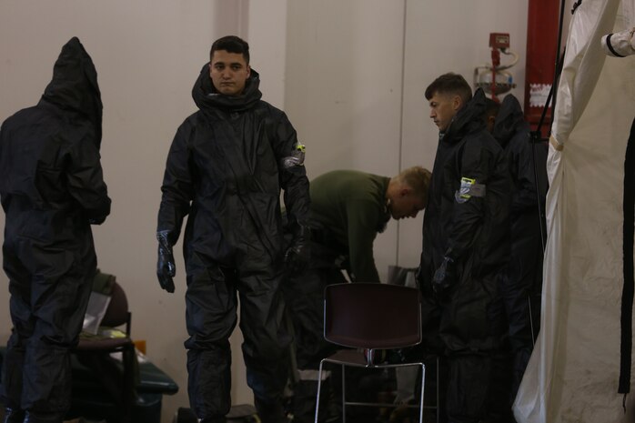During the week-long training the platoons refined their skills in setup and breakdown of decontamination sites, decontamination of role players, and identification and detection of known agents in several scenarios including mass casaulty, radiation scenario and a subway scenario.  (Official USMC Photos by Staff Sgt. Santiago G. Colon Jr.)