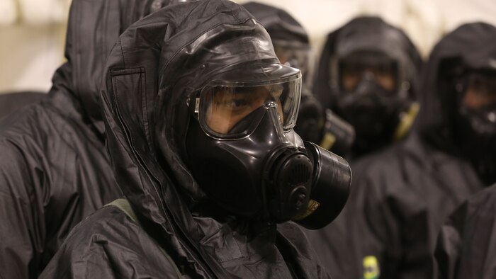 During the week-long training the platoons refined their skills in setup and breakdown of decontamination sites, decontamination of role players, and identification and detection of known agents in several scenarios including mass casaulty, radiation scenario and a subway scenario.  (Official USMC Photos by Staff Sgt. Santiago G. Colon Jr.)