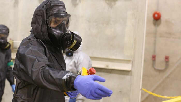During the week-long training the platoons refined their skills in setup and breakdown of decontamination sites, decontamination of role players, and identification and detection of known agents in several scenarios including mass casaulty, radiation scenario and a subway scenario.  (Official USMC Photos by Staff Sgt. Santiago G. Colon Jr.)