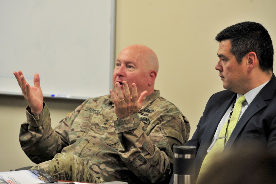 Maj. Gen. Terry “Max” Haston, Tennessee adjutant general, speaks during a partnering meeting at the Tennessee Emergency Management Agency in Nashville, Tenn., Dec. 19, 2017.  Patrick Sheehan, TEMA director, listens to the general during the meeting with the U.S. Army Corps of Engineers Nashville District and Memphis District. Lt. Col. Cullen Jones, U.S. Army Corps of Engineers Nashville District commander, provides input during a partnering meeting at the Tennessee Emergency Management Agency in Nashville, Tenn., Dec. 19, 2017.  The meeting included officials from the Memphis District, TEMA, and Tennessee National Guard. (Photo by Matthew Starling)