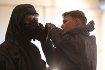 During the week-long training the platoons refined their skills in setup and breakdown of decontamination sites, decontamination of role players, and identification and detection of known agents in several scenarios including mass casaulty, radiation scenario and a subway scenario.  (Official USMC Photos by Staff Sgt. Santiago G. Colon Jr.)