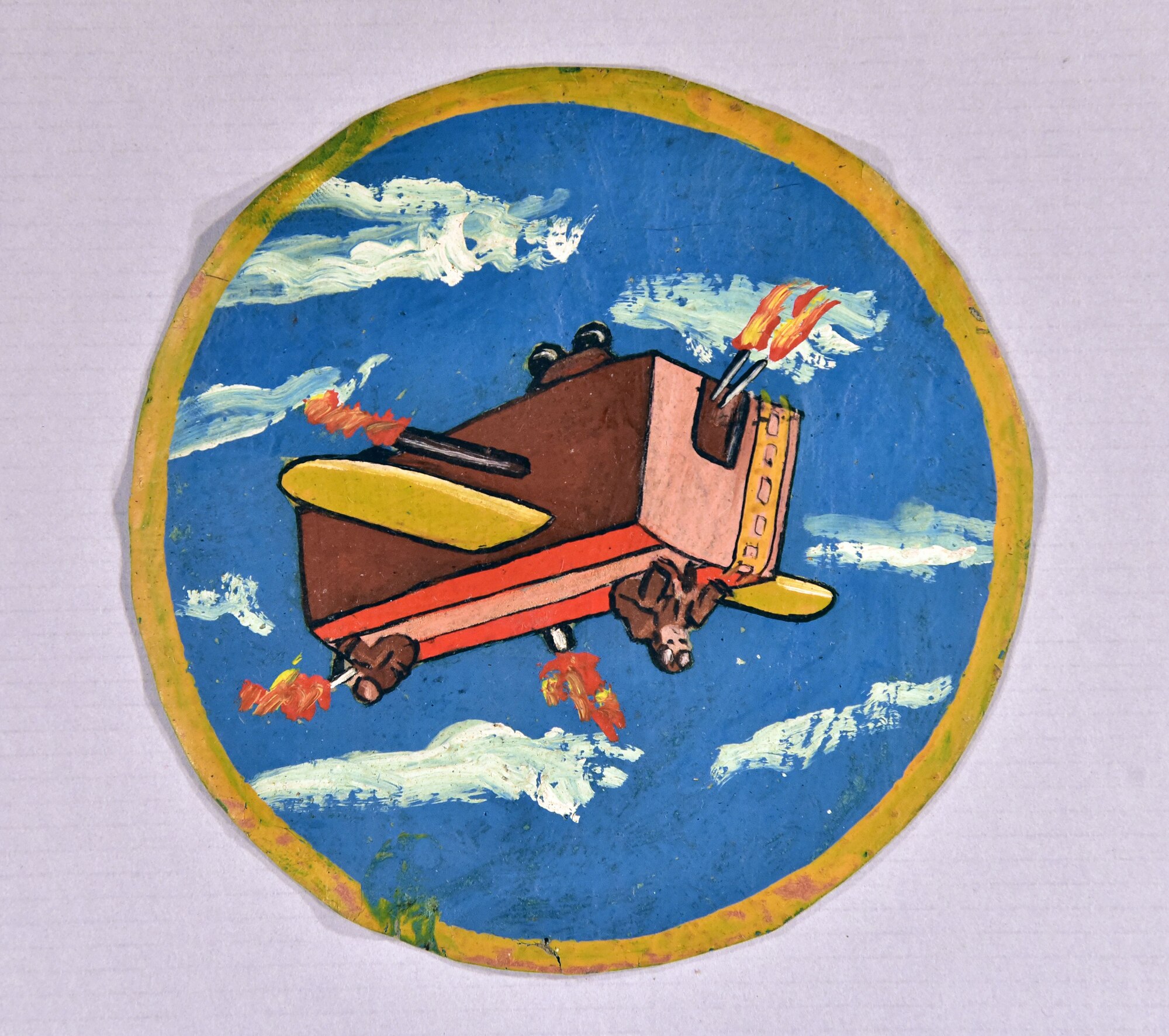 Plans call for this artifact to be displayed near the B-17F Memphis Belle™ as part of the new strategic bombardment exhibit in the WWII Gallery, which opens to the public on May 17, 2018. Hand-painted leather 727th Bomb Squadron patch worn by 1st Lt Robert Henbest, a B-24 bombardier in the Fifteenth Air Force.