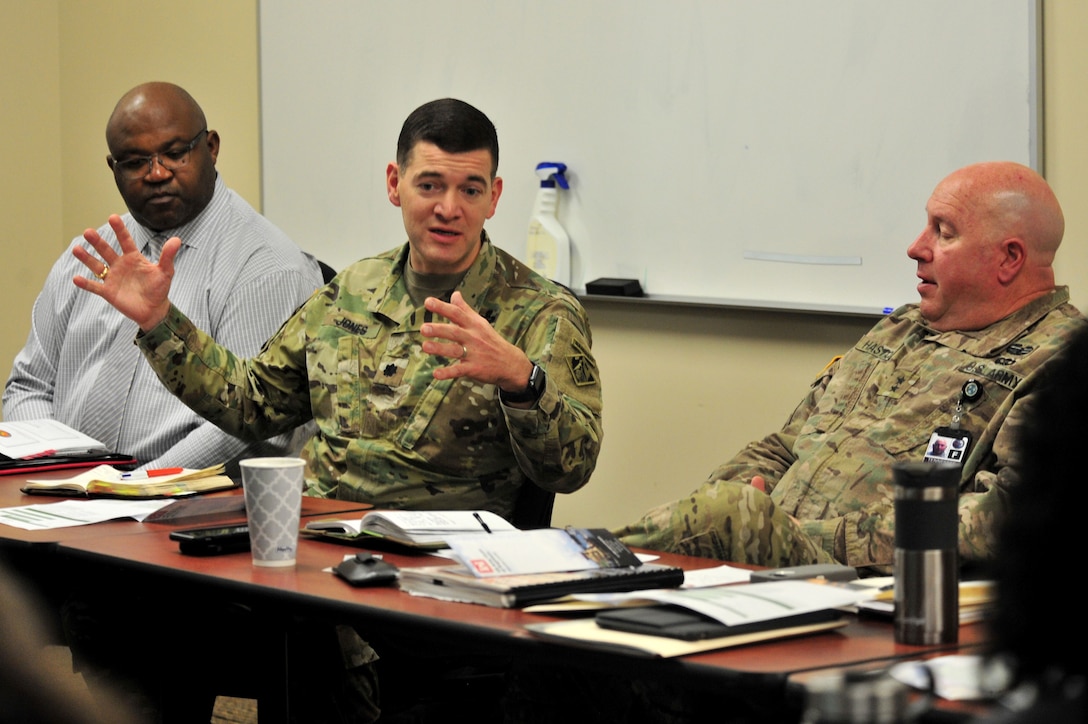 Lt. Col. Cullen Jones, U.S. Army Corps of Engineers Nashville District commander, provides input during a partnering meeting at the Tennessee Emergency Management Agency in Nashville, Tenn., Dec. 19, 2017.  The meeting included officials from the Memphis District, TEMA, and Tennessee National Guard. (Photo by Matthew Starling)