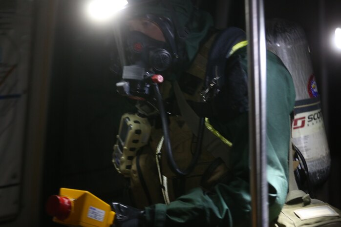 During the week-long training the platoons refined their skills in setup and breakdown of decontamination sites, decontamination of role players, and identification and detection of known agents in several scenarios including mass casaulty, radiation scenario and a subway scenario.  (Official USMC Photos by Staff Sgt. Santiago G. Colon Jr.)