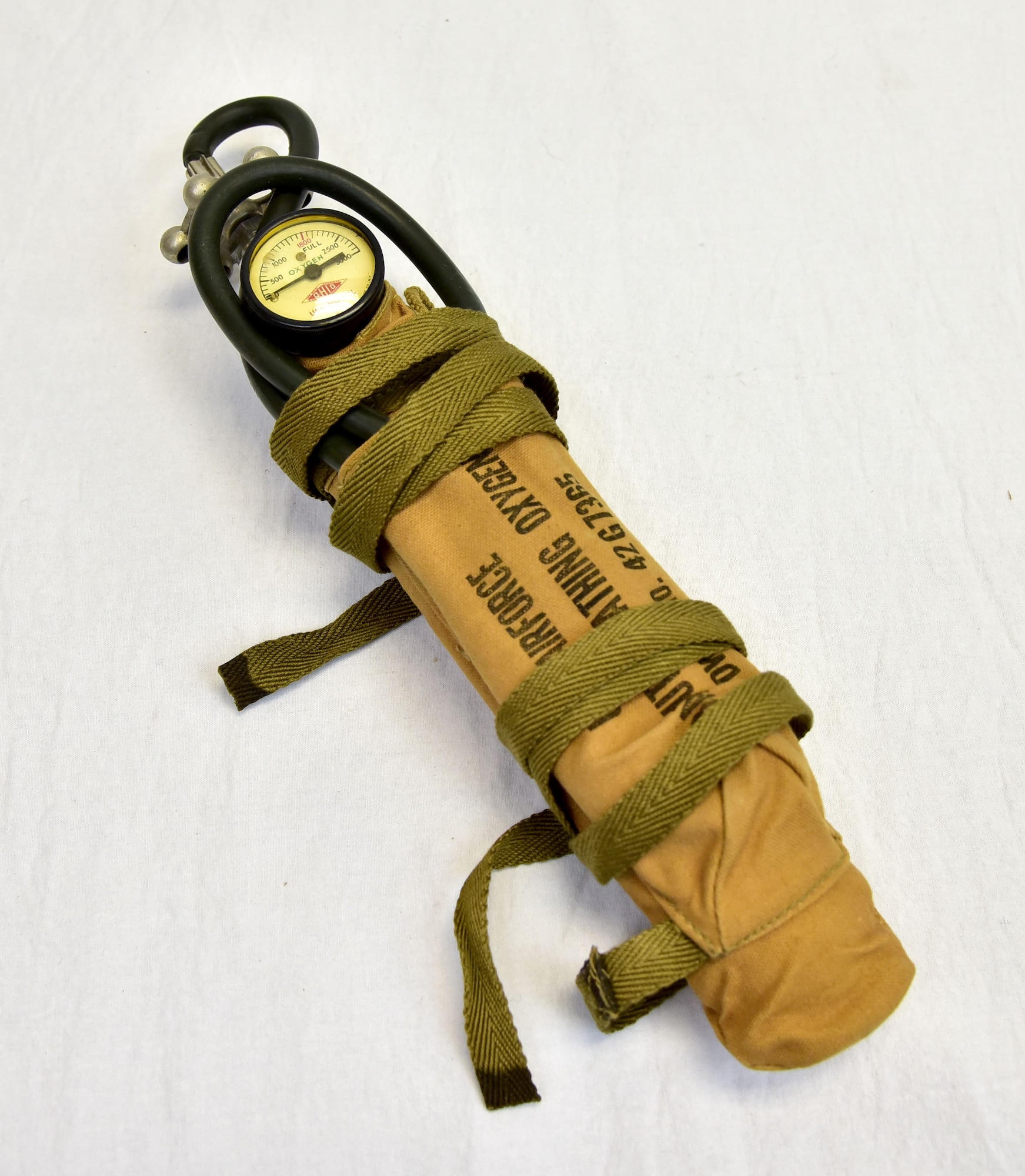 Plans call for this artifact to be displayed near the B-17F Memphis Belle™ as part of the new strategic bombardment exhibit in the WWII Gallery, which opens to the public on May 17, 2018. Bailout bottles, which were attached to the parachute harness or an Airman’s leg, provided enough oxygen to drift down to a safe altitude.