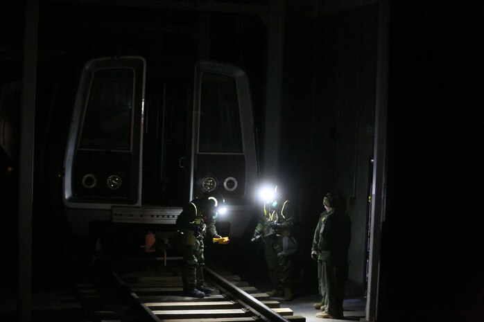 During the week-long training the platoons refined their skills in setup and breakdown of decontamination sites, decontamination of role players, and identification and detection of known agents in several scenarios including mass casaulty, radiation scenario and a subway scenario.  (Official USMC Photos by Staff Sgt. Santiago G. Colon Jr.)