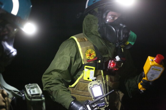 During the week-long training the platoons refined their skills in setup and breakdown of decontamination sites, decontamination of role players, and identification and detection of known agents in several scenarios including mass casaulty, radiation scenario and a subway scenario.  (Official USMC Photos by Staff Sgt. Santiago G. Colon Jr.)