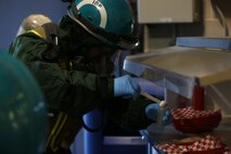 PERRY, Ga. – Decontamination Platoon and Identification and Detection Platoon with Chemical Biological Incident Response Force, CBIRF, U.S. Marine Corps Forces Command, executed Advanced Decontamination/ Identification and Detection Training at Guardian Centers, Perry, Ga., Dec. 11-14, 2017. During the week-long training the platoons refined their skills in setup and breakdown of decontamination sites, decontamination of role players, and identification and detection of known agents in several scenarios including mass casaulty, radiation scenario and a subway scenario.  (Official USMC Photos by Staff Sgt. Santiago G. Colon Jr.)