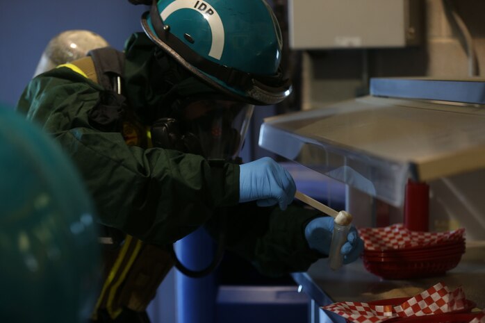 PERRY, Ga. – Decontamination Platoon and Identification and Detection Platoon with Chemical Biological Incident Response Force, CBIRF, U.S. Marine Corps Forces Command, executed Advanced Decontamination/ Identification and Detection Training at Guardian Centers, Perry, Ga., Dec. 11-14, 2017. During the week-long training the platoons refined their skills in setup and breakdown of decontamination sites, decontamination of role players, and identification and detection of known agents in several scenarios including mass casaulty, radiation scenario and a subway scenario.  (Official USMC Photos by Staff Sgt. Santiago G. Colon Jr.)