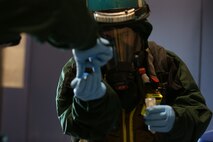 PERRY, Ga. – Decontamination Platoon and Identification and Detection Platoon with Chemical Biological Incident Response Force, CBIRF, U.S. Marine Corps Forces Command, executed Advanced Decontamination/ Identification and Detection Training at Guardian Centers, Perry, Ga., Dec. 11-14, 2017. During the week-long training the platoons refined their skills in setup and breakdown of decontamination sites, decontamination of role players, and identification and detection of known agents in several scenarios including mass casualty, radiation scenario and a subway scenario.  (Official USMC Photos by Staff Sgt. Santiago G. Colon Jr.)