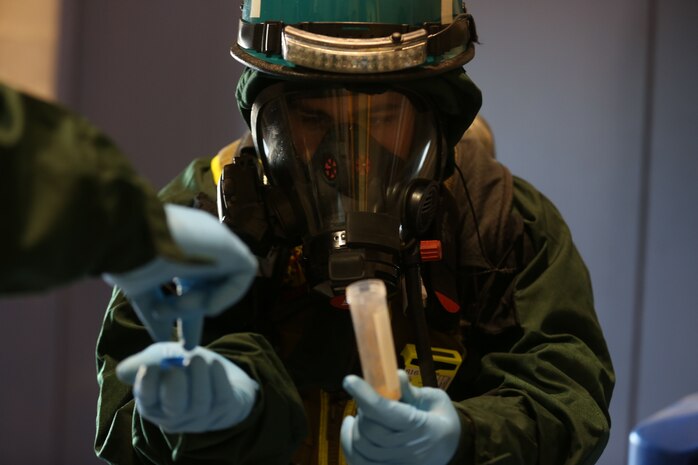 PERRY, Ga. – Decontamination Platoon and Identification and Detection Platoon with Chemical Biological Incident Response Force, CBIRF, U.S. Marine Corps Forces Command, executed Advanced Decontamination/ Identification and Detection Training at Guardian Centers, Perry, Ga., Dec. 11-14, 2017. During the week-long training the platoons refined their skills in setup and breakdown of decontamination sites, decontamination of role players, and identification and detection of known agents in several scenarios including mass casualty, radiation scenario and a subway scenario.  (Official USMC Photos by Staff Sgt. Santiago G. Colon Jr.)
