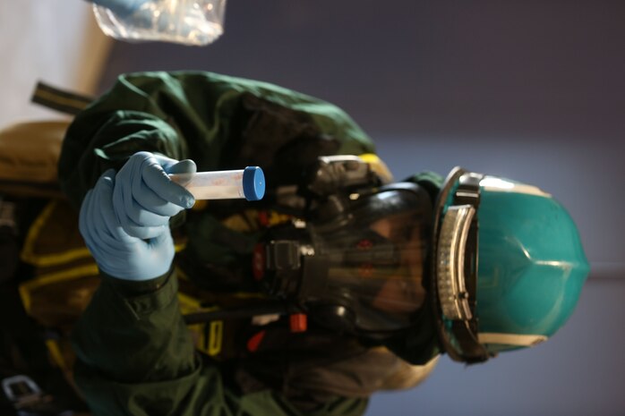 PERRY, Ga. – Decontamination Platoon and Identification and Detection Platoon with Chemical Biological Incident Response Force, CBIRF, U.S. Marine Corps Forces Command, executed Advanced Decontamination/ Identification and Detection Training at Guardian Centers, Perry, Ga., Dec. 11-14, 2017. During the week-long training the platoons refined their skills in setup and breakdown of decontamination sites, decontamination of role players, and identification and detection of known agents in several scenarios including mass casualty, radiation scenario and a subway scenario.  (Official USMC Photos by Staff Sgt. Santiago G. Colon Jr.)