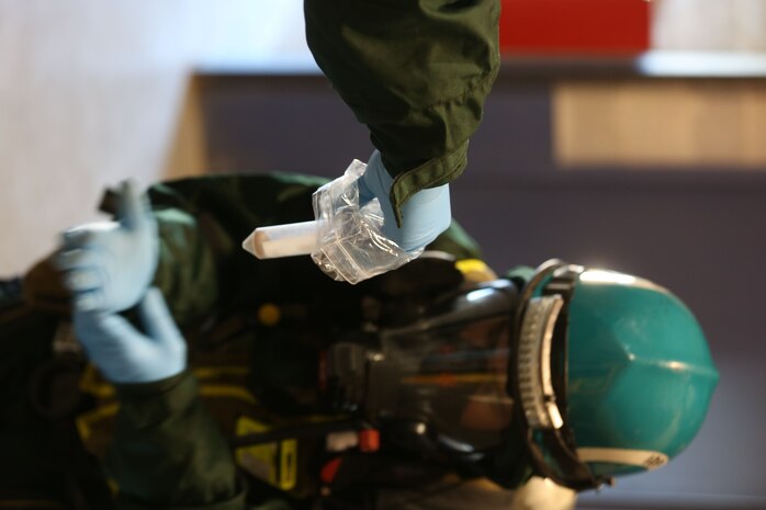 PERRY, Ga. – Decontamination Platoon and Identification and Detection Platoon with Chemical Biological Incident Response Force, CBIRF, U.S. Marine Corps Forces Command, executed Advanced Decontamination/ Identification and Detection Training at Guardian Centers, Perry, Ga., Dec. 11-14, 2017. During the week-long training the platoons refined their skills in setup and breakdown of decontamination sites, decontamination of role players, and identification and detection of known agents in several scenarios including mass casualty, radiation scenario and a subway scenario.  (Official USMC Photos by Staff Sgt. Santiago G. Colon Jr.)