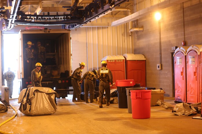 PERRY, Ga. – Decontamination Platoon and Identification and Detection Platoon with Chemical Biological Incident Response Force, CBIRF, U.S. Marine Corps Forces Command, executed Advanced Decontamination/ Identification and Detection Training at Guardian Centers, Perry, Ga., Dec. 11-14, 2017. During the week-long training the platoons refined their skills in setup and breakdown of decontamination sites, decontamination of role players, and identification and detection of known agents in several scenarios including mass casualty, radiation scenario and a subway scenario.  (Official USMC Photos by Staff Sgt. Santiago G. Colon Jr.)