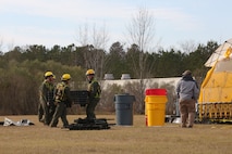 PERRY, Ga. – Decontamination Platoon and Identification and Detection Platoon with Chemical Biological Incident Response Force, CBIRF, U.S. Marine Corps Forces Command, executed Advanced Decontamination/ Identification and Detection Training at Guardian Centers, Perry, Ga., Dec. 11-14, 2017. During the week-long training the platoons refined their skills in setup and breakdown of decontamination sites, decontamination of role players, and identification and detection of known agents in several scenarios including mass casualty, radiation scenario and a subway scenario.  (Official USMC Photos by Staff Sgt. Santiago G. Colon Jr.)
