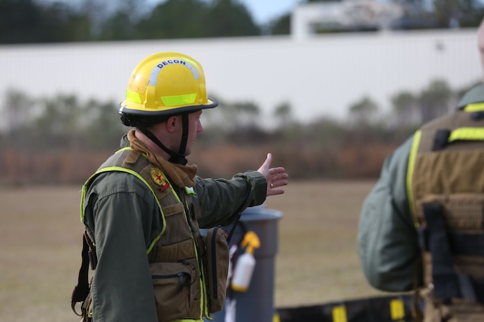 PERRY, Ga. – Decontamination Platoon and Identification and Detection Platoon with Chemical Biological Incident Response Force, CBIRF, U.S. Marine Corps Forces Command, executed Advanced Decontamination/ Identification and Detection Training at Guardian Centers, Perry, Ga., Dec. 11-14, 2017. During the week-long training the platoons refined their skills in setup and breakdown of decontamination sites, decontamination of role players, and identification and detection of known agents in several scenarios including mass casualty, radiation scenario and a subway scenario.  (Official USMC Photos by Staff Sgt. Santiago G. Colon Jr.)